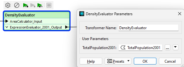 The DensityEvaluator Parameters dialog, including a new attribute